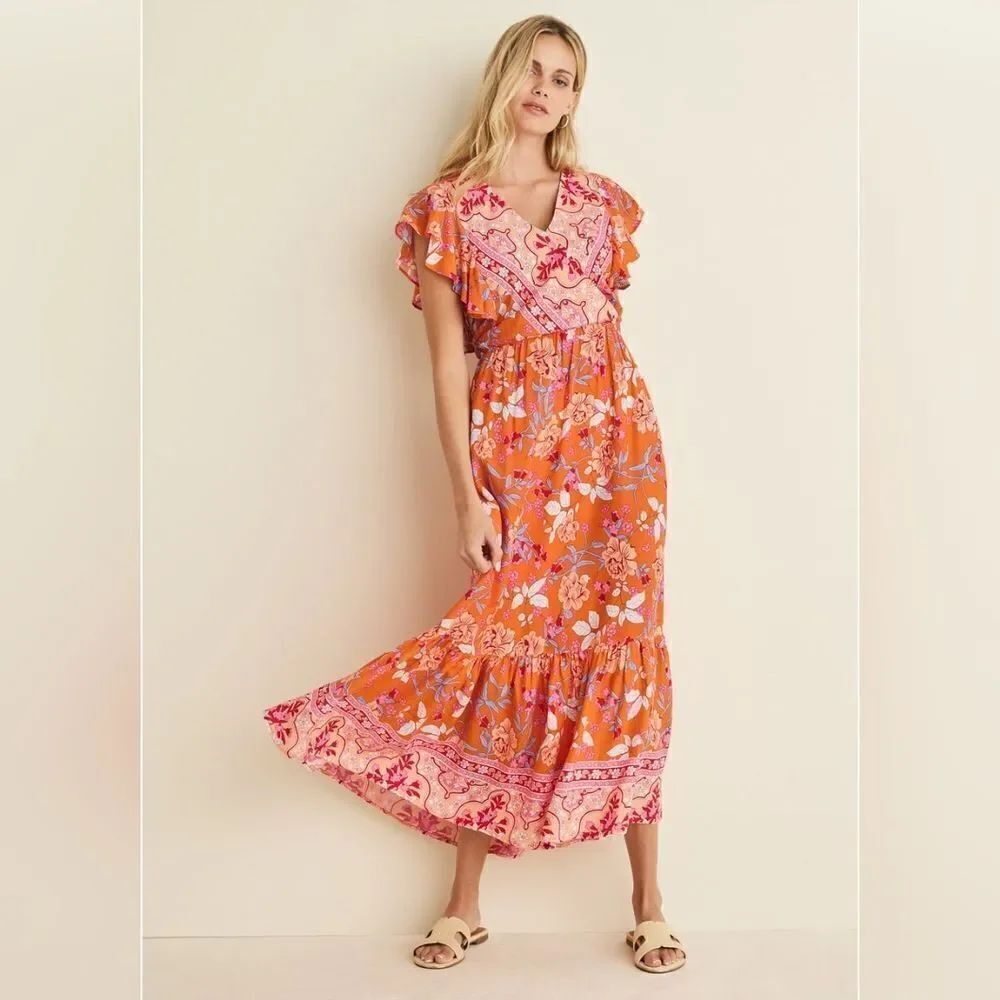 Fall Floral Orange Maxi Dress Size M